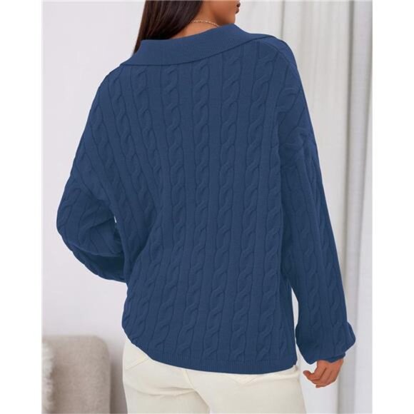 Oversized V-Neck Cable Knit Sweater | Cozy Long Sleeve Pullover Fall & Winter - Picture 3 of 6